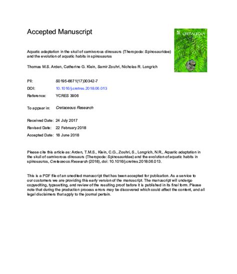 (PDF) Aquatic adaptation in the skull of carnivorous dinosaurs (Theropoda: Spinosauridae) and ...