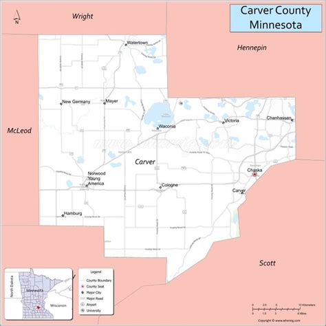 Map of Carver County, Minnesota showing cities, highways & important places. Check Where is ...