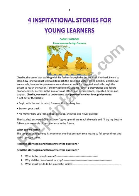 4 INSPIRATIONAL ANIMAL STORIES FOR YOUNG LEARNERS - ESL worksheet by heinchina