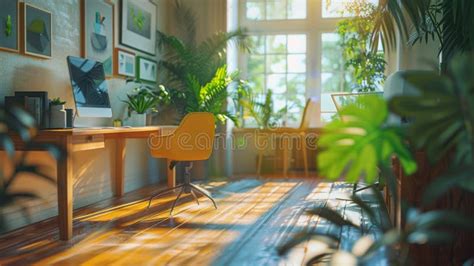 Modern Office Room with Desk, Chair, and Potted Plants Stock Photo - Image of decor, stylish ...