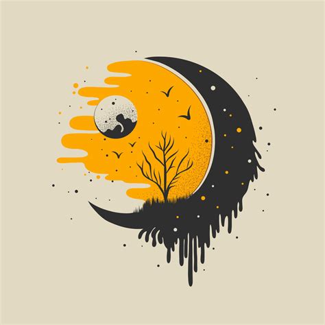 Crescent, young moon, full moon, tree, birds clip art in modern flat cartoon style, round icon ...