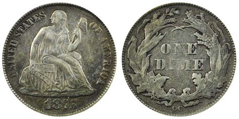 1875 CC Seated Liberty Dimes Mint Mark Under Bow: Value and Prices