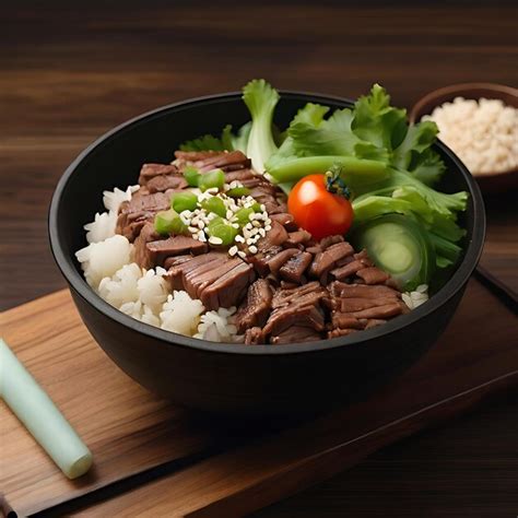 Premium AI Image | cubed shaken beef rice with white sesame on top and chopped AI