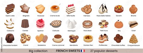 Big collection of traditional french desserts. Hand drawn colorful ...