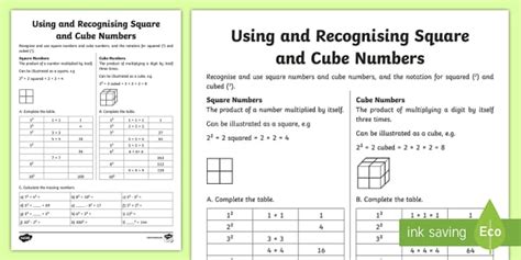 Using and Recognising Square and Cube Numbers Worksheet