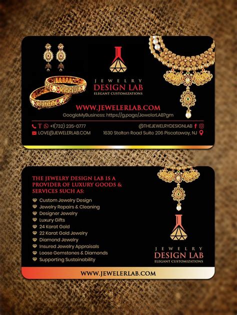 two business cards with gold jewelry on the front and back, both in different colors