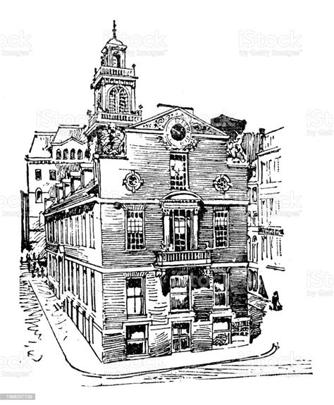 Antique Illustration Of Usa Massachusetts Landmarks And Companies Boston Old State House Stock ...