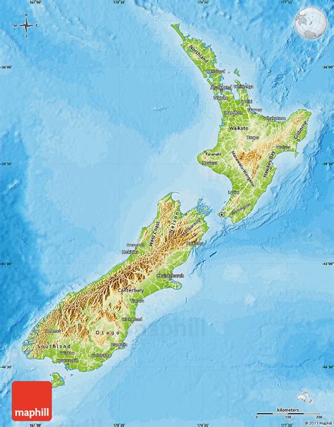 Physical Map of New Zealand, single color outside, bathymetry sea, shaded relief sea