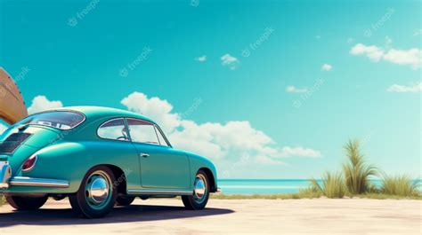 Premium Photo | A vintage car on a beach with a blue sky in the background.