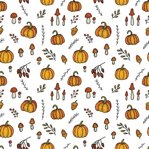 Seamless vector pattern with doodle pumpkins, mushrooms, leaves and branches. Autumn Halloween ...