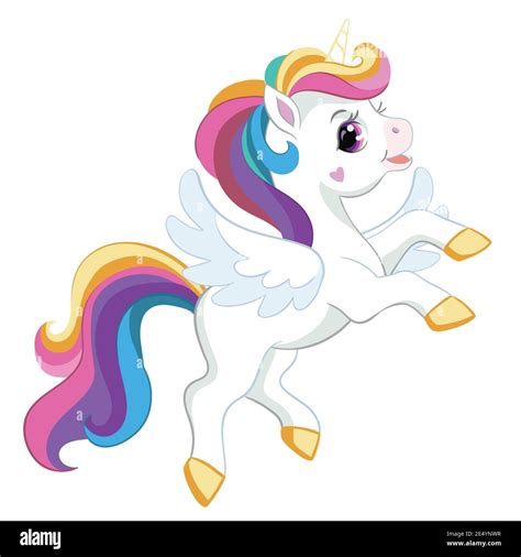 Cute cartoon unicorn with rainbow mane and wings. Vector isolated illustration. For postcard ...