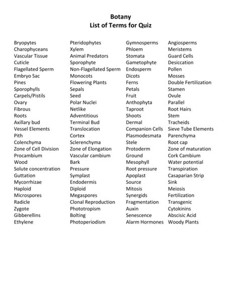 Botany List of Terms for Quiz