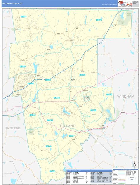 Tolland County, CT Zip Code Wall Map Basic Style by MarketMAPS