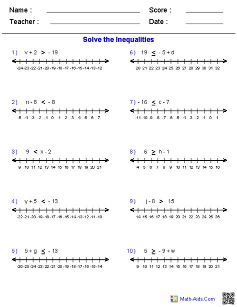 Pre-Algebra Worksheets | Inequalities Worksheets