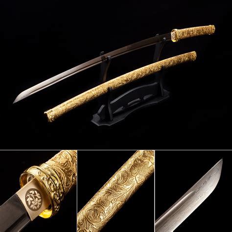 Modern Sword, Handmade Japanese Katana Sword Pattern Steel With Golden Blade And Scabbard ...