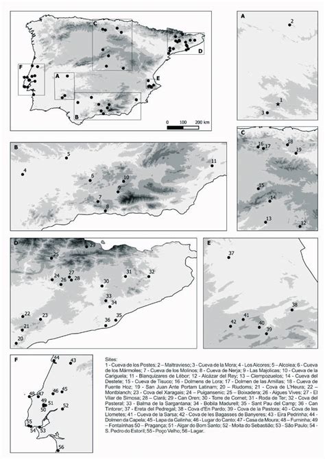 Map of sites containing prehistoric trepanned skulls in the Iberian ...