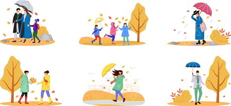 Rainy Day People With Umbrellas Vector Set Caucasian Faces Excluded Vector, Weather, Autumn ...