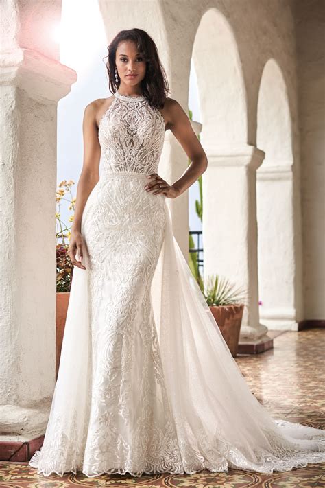 T212056 Romantic Embroidered Lace Wedding Dress with High Halter Neckline