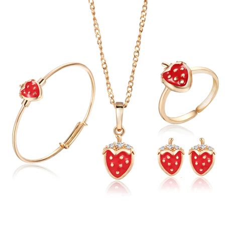 Gold Color Kids Jewelry Sets Strawberry Pendant Necklace Bangle Bracelet Ring Baby Earrings ...