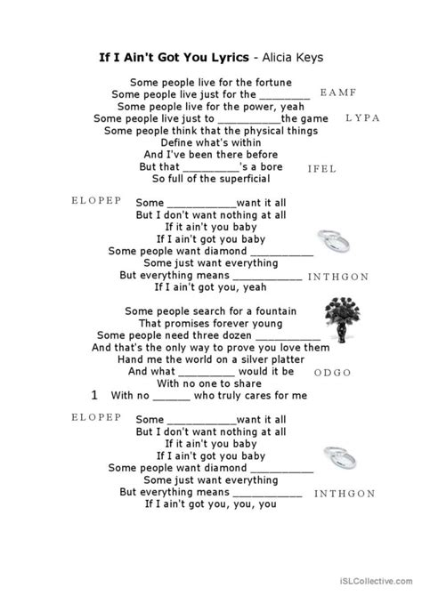 If I ain't got you - by Alicia Keys…: English ESL worksheets pdf & doc