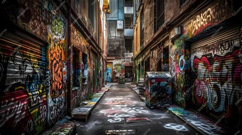 Premium AI Image | A dark alley with graffiti on the walls and the word'graffiti'on the wall.