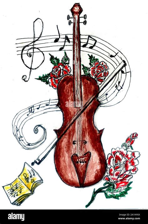 Detailed hand drawn sketch of violin and musical notes Stock Photo - Alamy