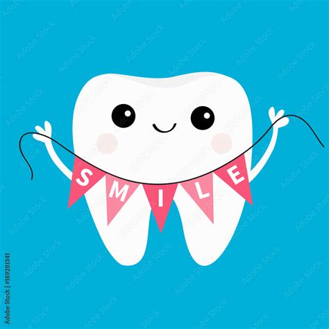 Healthy tooth icon holding bunting flag Smile. Oral dental hygiene. Children teeth care. Cute ...