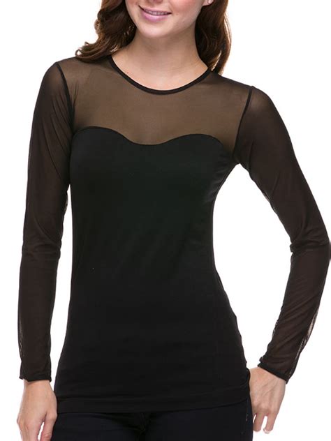 Women Seamless Sheer Long Sleeve Mesh Top Sweetheart Neckline Blouse ...