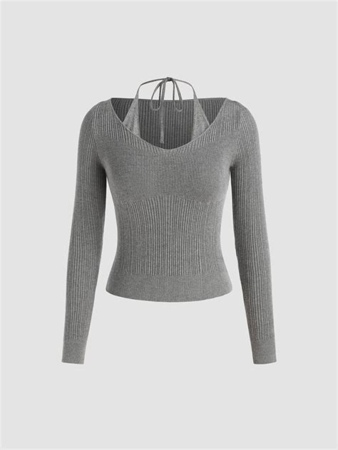 Knit Fabric Halter Neckline Drawstring Long Sleeve Top For Daily Casual Coffee Shop School