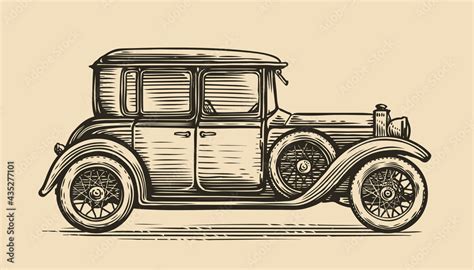 Retro car vector illustration. Vintage vehicle in sketch style Stock ...