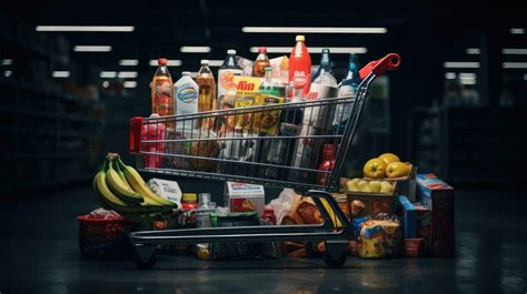 Shopping cart full of food and drinks and supermarket shelves behind ...