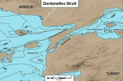 Figure 2. Dardanelles Strait, with bathymetry contours (in meters)