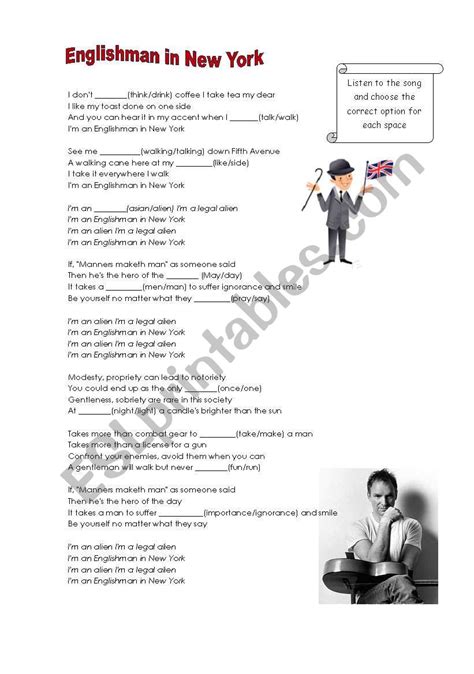 Englishman in New York Lyrics - ESL worksheet by Blita