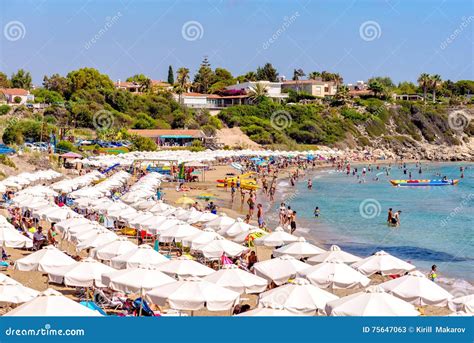 PAPHOS, CYPRUS - JULY 24, 2016: Coral Bay Beach, One of the Best Sandy Beaches Located Near ...