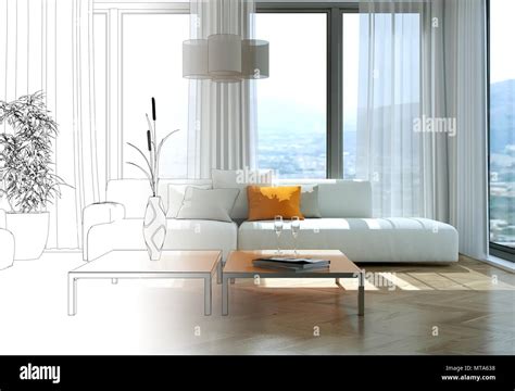 Interior Design Living Room Drawing Gradation Into Photograph Stock Photo - Alamy