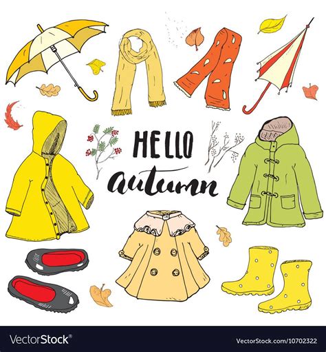 Autumn season clothes set. Hand drawn doodles and lettering vector illustration. Download a Free ...