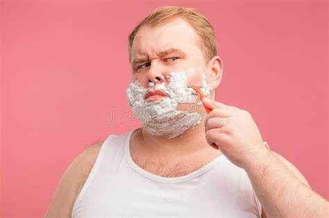Upset Plump Man in White Undershirt with Foam on Beard, Feels Pain or Irritation Stock Photo ...