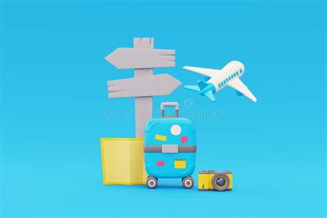 Suitcase with Camera, Map and Signpost, Airplane Flying in Clouds, Tourism and Travel Concept ...