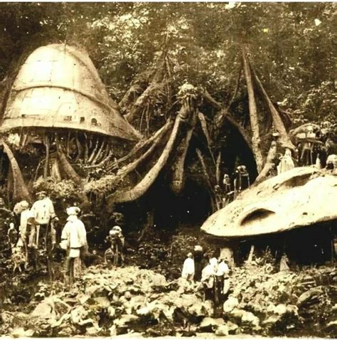 an old photo of people standing in front of some strange looking structures that look like ...