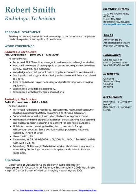 Radiologic Technician Resume Samples | QwikResume