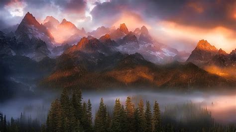 Foggy Mountain Sunrise, mountains, light, fog, peaks, sky, dramatic, HD wallpaper | Peakpx