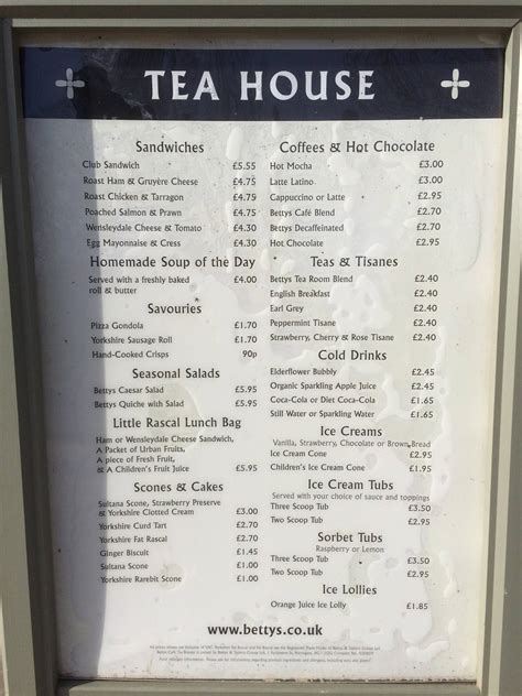 Menu at Bettys Café Tea Rooms - Harlow Carr cafe, Harrogate