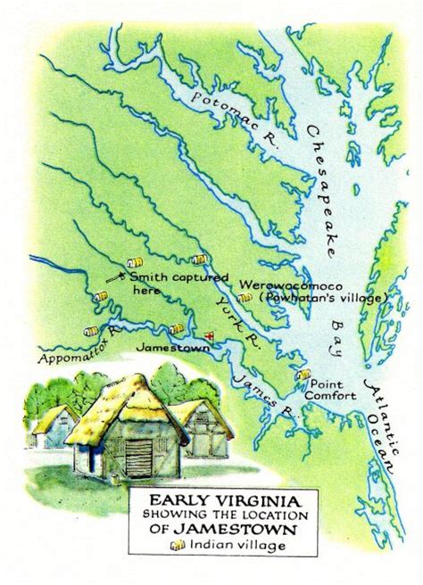 Map with the position of Jamestown (1607) and "Virginia" ("Virgin county")