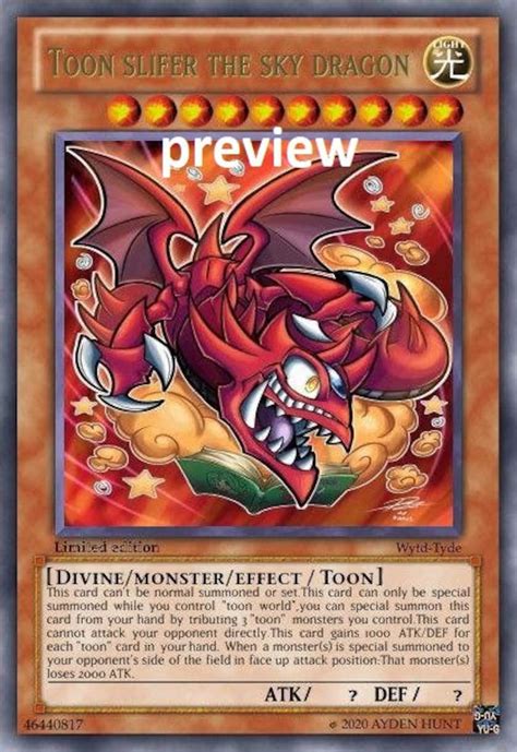 Toon Slifer the Sky Dragon Orica Custom Card Obelisk Tormentor Winged Dragon of Ra Egyptian Gods ...