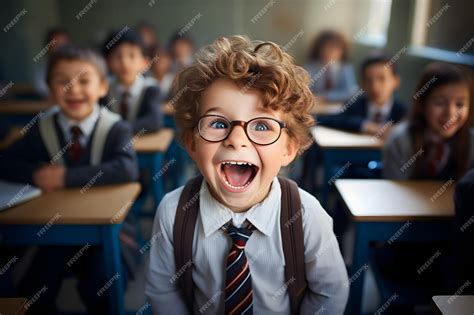 Premium AI Image | Funny happy smile child school boy shock in light ...