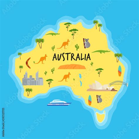 Australia cartoon map. Vector. Australian state with travel icons and ocean. Landmarks Australia ...