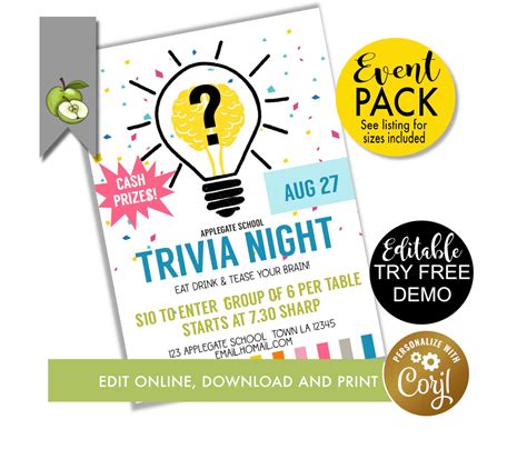 Trivia event editable trivia night printable pta pto flyer quiz ...