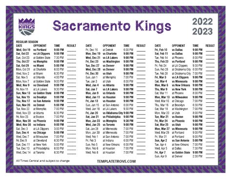 Printable 2022-2023 Sacramento Kings Schedule