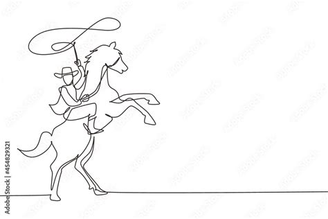 Continuous one line drawing cowboy throwing lasso riding rearing up horse. American cowboy ...