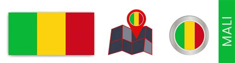 Collection of Mali national flags isolated in official colors and Mali map icons with country ...